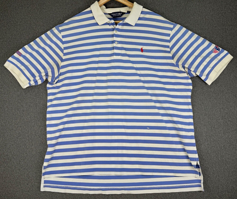 Polo Golf Ralph Lauren Mens XL Blue White Striped Ryder Cup Polo Shirt READ